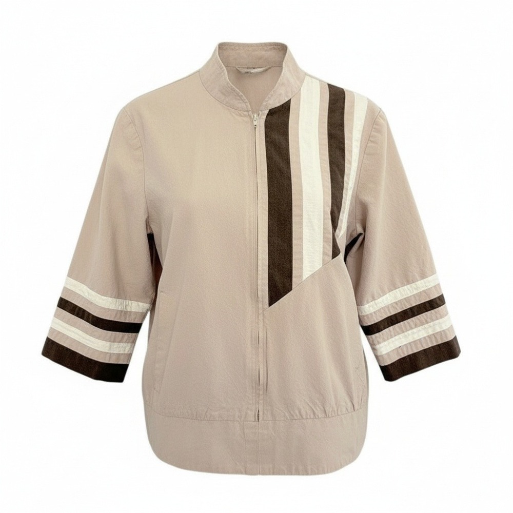 VTG Handmade retro 60s 70s Beige Zip Up‎ Cotton Jacket 34 Sleeve Striped Accent